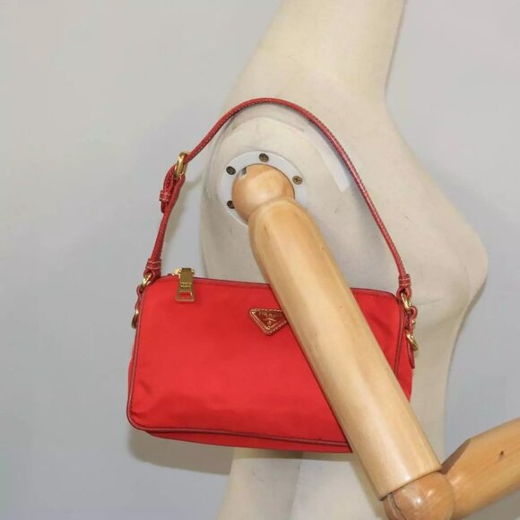 PRADA Hand Bag Nylon Red Gold Auth - Picture 4 of 16